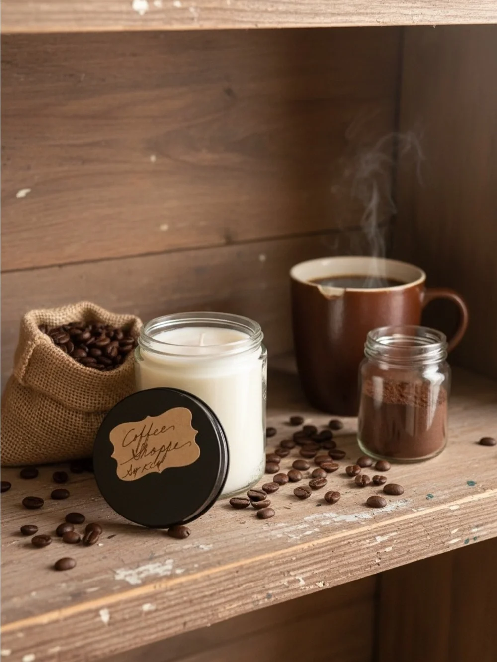 Handmade Coffee Shoppe Scented Candle - Soy 8 oz Cream Wax in Brown Lid Jar NWT